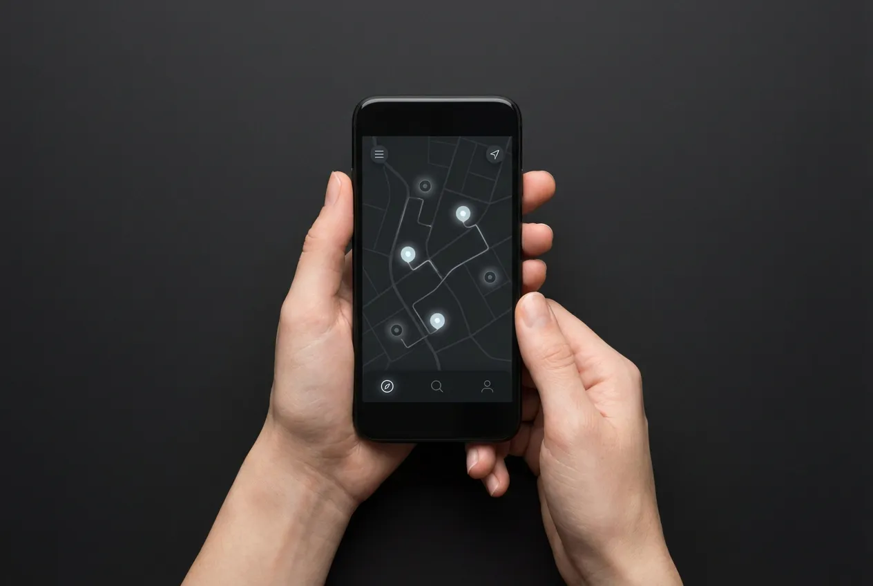 Smartphone affichant une application de recherche d'aires de camping-car gratuites, symbole de la planification de voyage moderne.