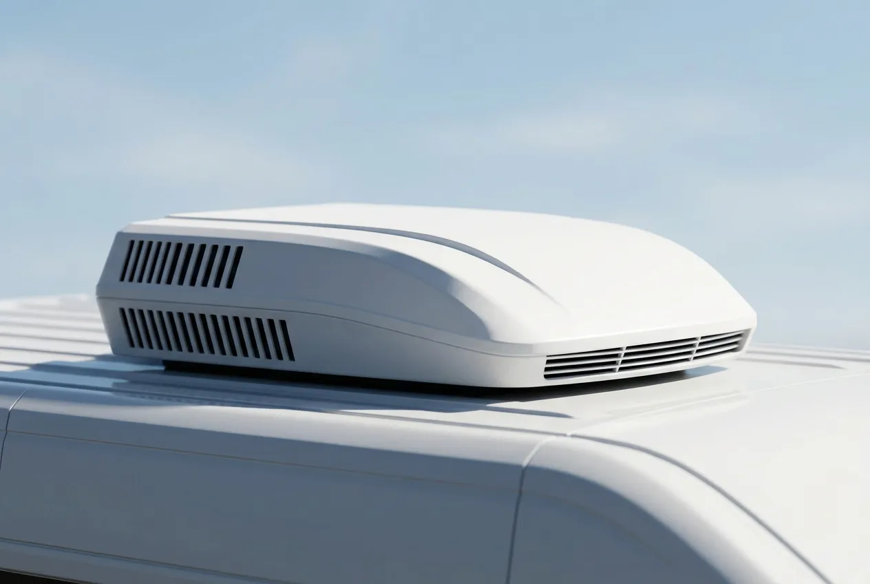 Gros plan sur un climatiseur de toit design et moderne pour camping-car, photographié sur fond de ciel bleu.