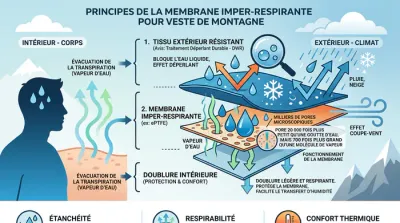Gros plan sur l'effet déperlant d'une membrane technique de veste de montagne.