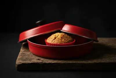 Gros plan iconique du four Omnia rouge sur fond sombre, mettant en avant son design et sa fonction pour un avis produit.