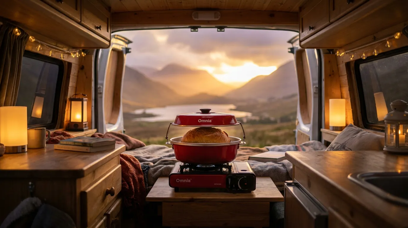 Vue depuis l'intérieur d'un camping-car sur un paysage montagneux au coucher du soleil, avec un four Omnia en train de cuire sur la gazinière au premier plan.