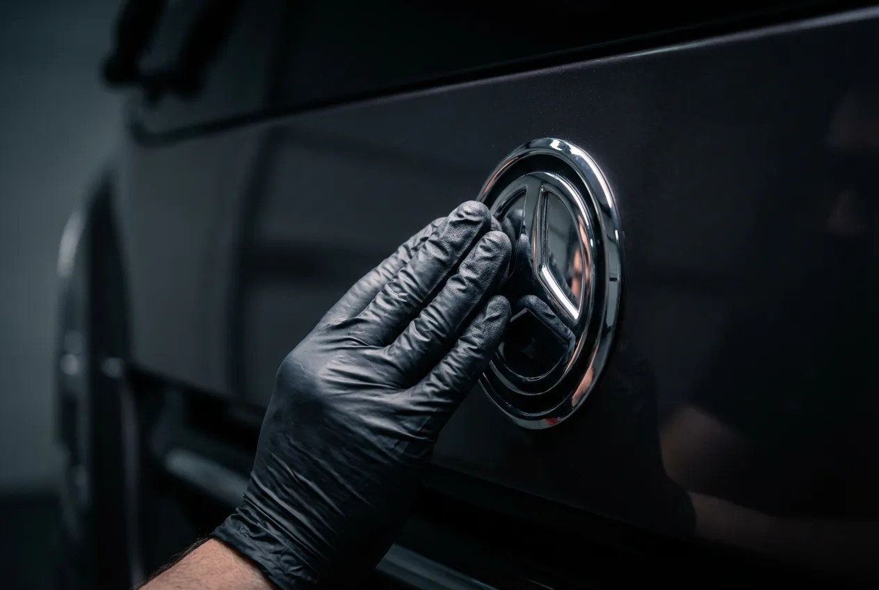 Gros plan d'une main gantée qui lustre un détail chromé sur la carrosserie d'un camping-car, créant un reflet parfait.