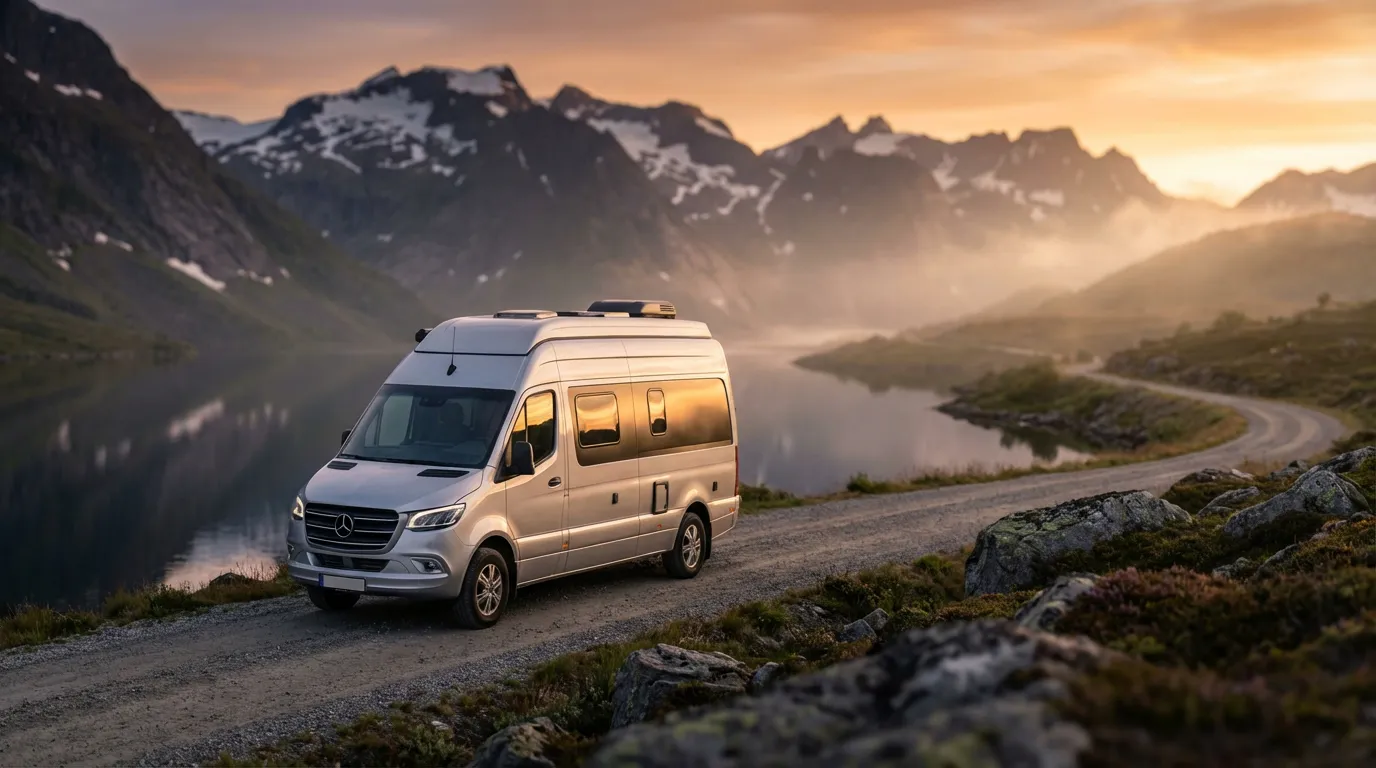 Un camping-car moderne et impeccablement propre garé au bord d'un lac de montagne au coucher du soleil, reflétant la lumière dorée.