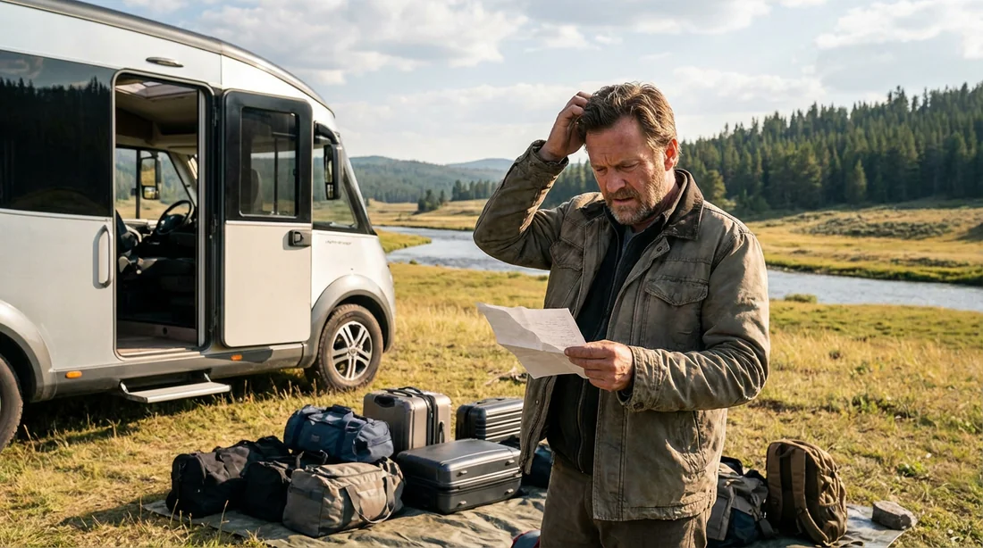 Camping-cariste perplexe consultant sa carte grise devant son véhicule avec des bagages au sol.