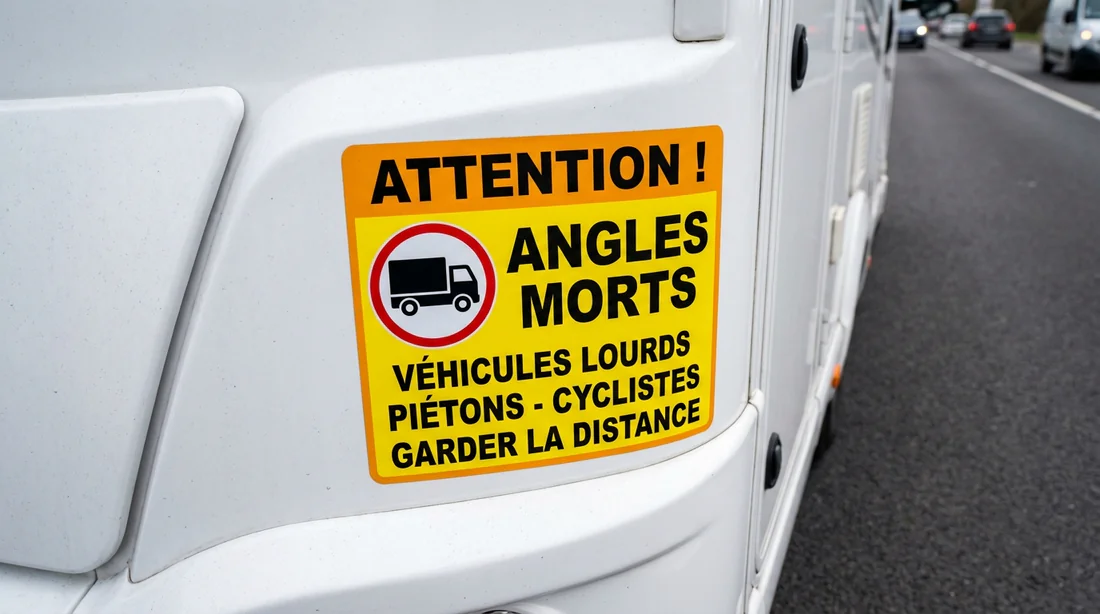Détail de l'autocollant de signalisation des angles morts sur un camping-car poids lourd.