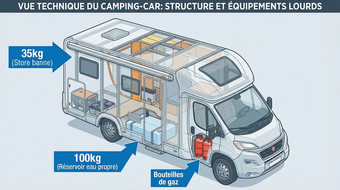 Schéma en coupe d'un camping-car montrant le poids moyen des équipements comme le store et le réservoir d'eau.