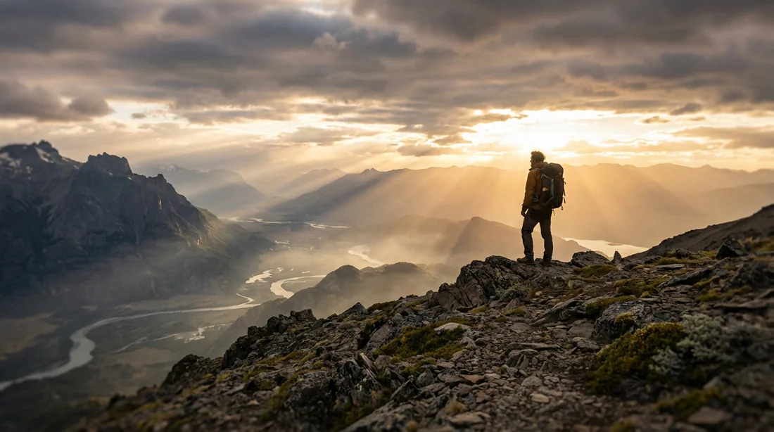 Un aventurier solitaire se tient au sommet d'une montagne au coucher du soleil, contemplant une vaste vallée, prêt pour sa prochaine grande aventure.