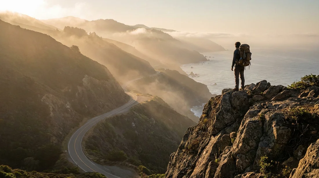 L'appel de la route Un voyageur solitaire avec un sac à dos contemple une route côtière sinueuse depuis une falaise au coucher du soleil, symbolisant le voyage alternatif.