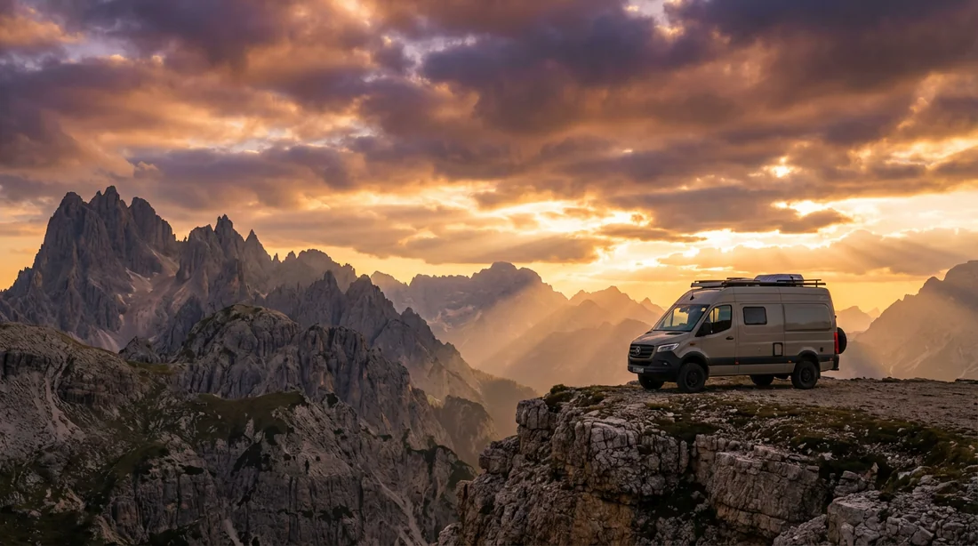 Un van aménagé moderne faisant face à un panorama montagneux spectaculaire au lever du soleil, symbolisant l'art de voyager libre.